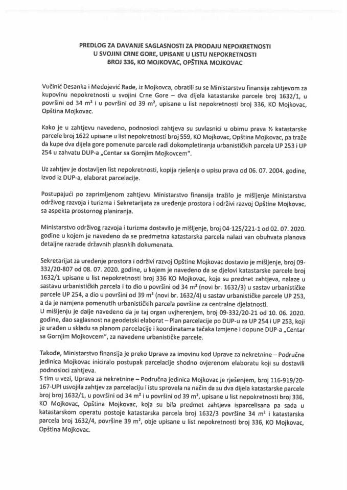 Predlog za davanje saglasnosti za prodaju nepokretnosti u svojini Crne Gore, upisane u list nepokretnosti broj 336, KO Mojkovac, Opština Mojkovac