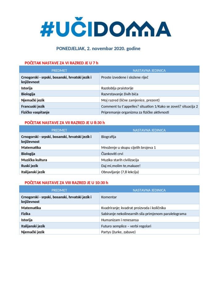 PONEDELJAK - 2. NOVEMBAR 2020. VI OŠ do I srednje