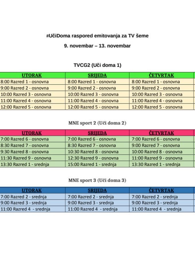 Integralni plan (raspored) emitovanja za sedmu sedmicu 9.11. do 13.11.