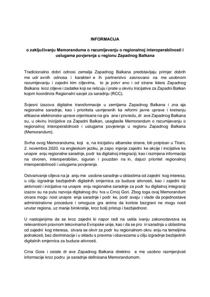 Informacija o zaključivanju Memoranduma o razumijevanju o interoperabilnosti i uslugama povjerenja u regionu Zapadnog Balkana s Predlogom memoranduma	