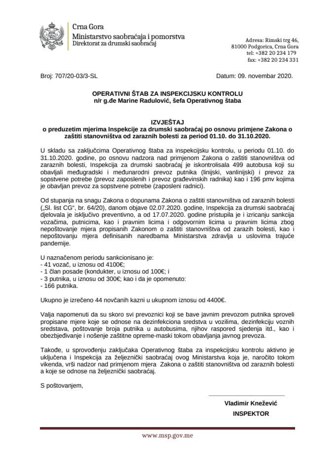 Izvještaj inspekcije NKT za OŠ 01.10.-31.10.2020.
