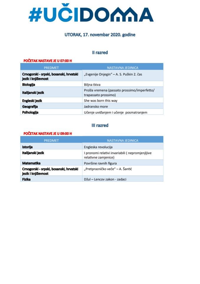 UTORAK  -17. novembar 2020. godine II do IV srednje