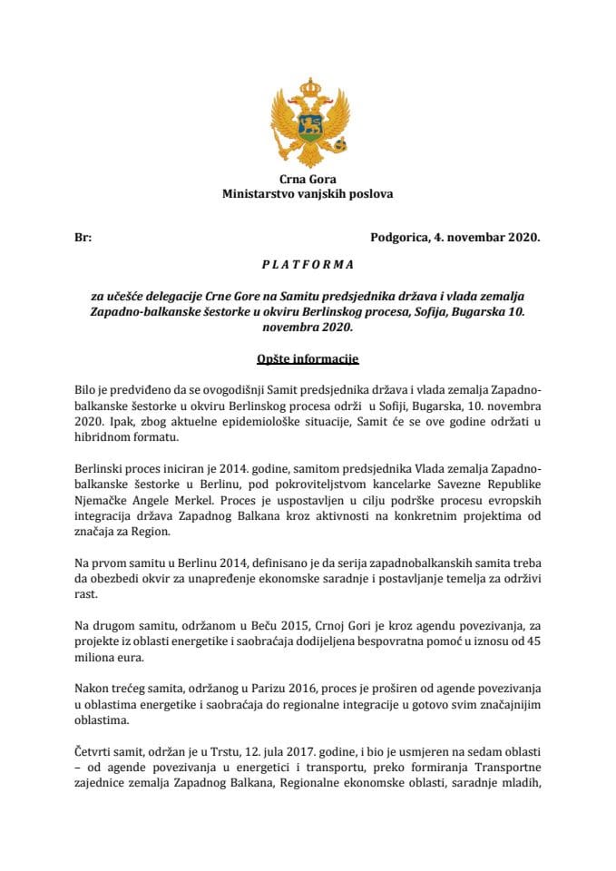 Predlog platforme za učešće delegacije Crne Gore na Samitu predsjednika država i vlada zemalja Zapadno-balkanske šestorke u okviru Berlinskog procesa, Sofija, Bugarska, 10. novembra 2020. godine