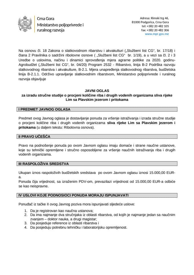 Javni oglas za izradu Ribolovne osnove sliva rijek Lim - Plavsko jezero 