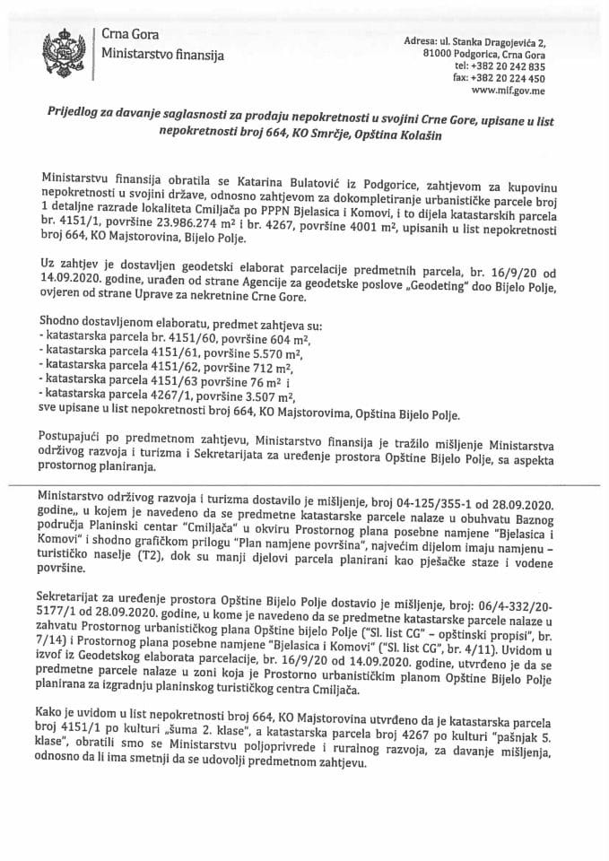 Predlog za davanje saglasnosti za prodaju nepokretnosti u svojini Crne Gore, upisane u list nepokretnosti broj 664, KO Majstorovina, Opština Bijelo Polje 	