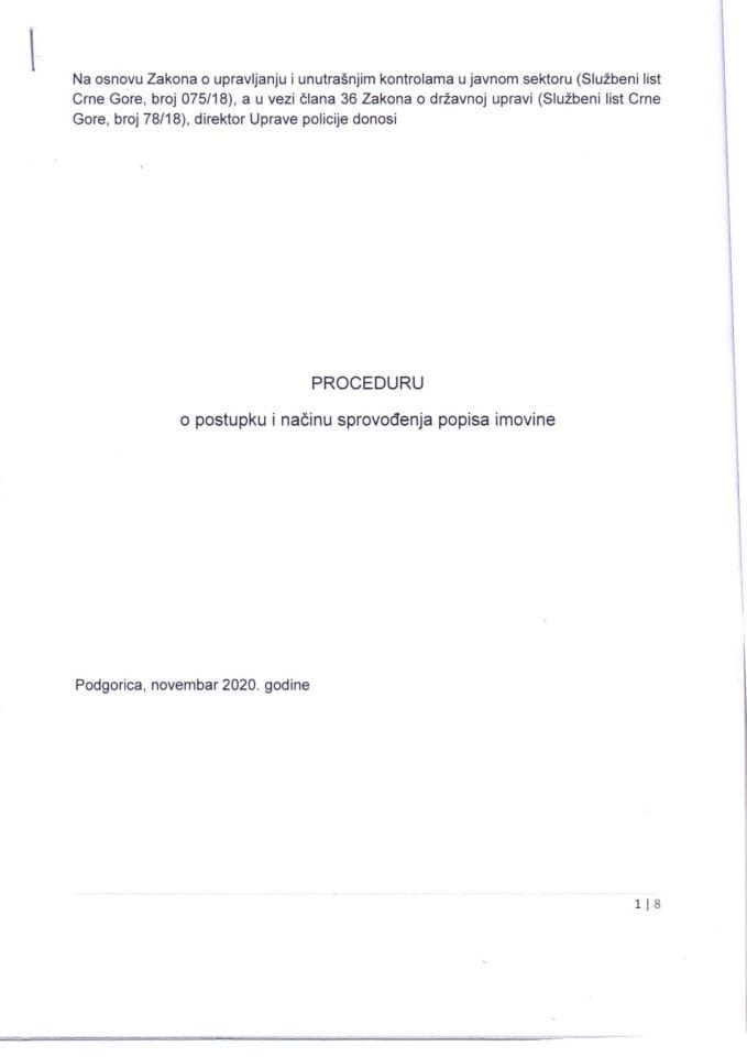 Procedura o postupku i načinu sprovođenja popisa imovine 01 broj 42720-290332 od 18.11.2020.