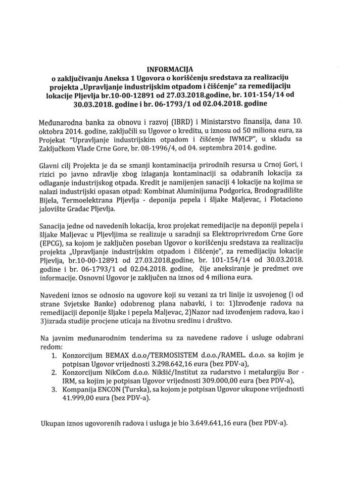 Informacija o zaključivanju Aneksa 1 Ugovora o korišćenju sredstava za realizaciju projekta „Upravljanje industrijskim otpadom i čišćenje“ za remedijaciju lokacije Pljevlja br.10-00-12891 od 27.03.201