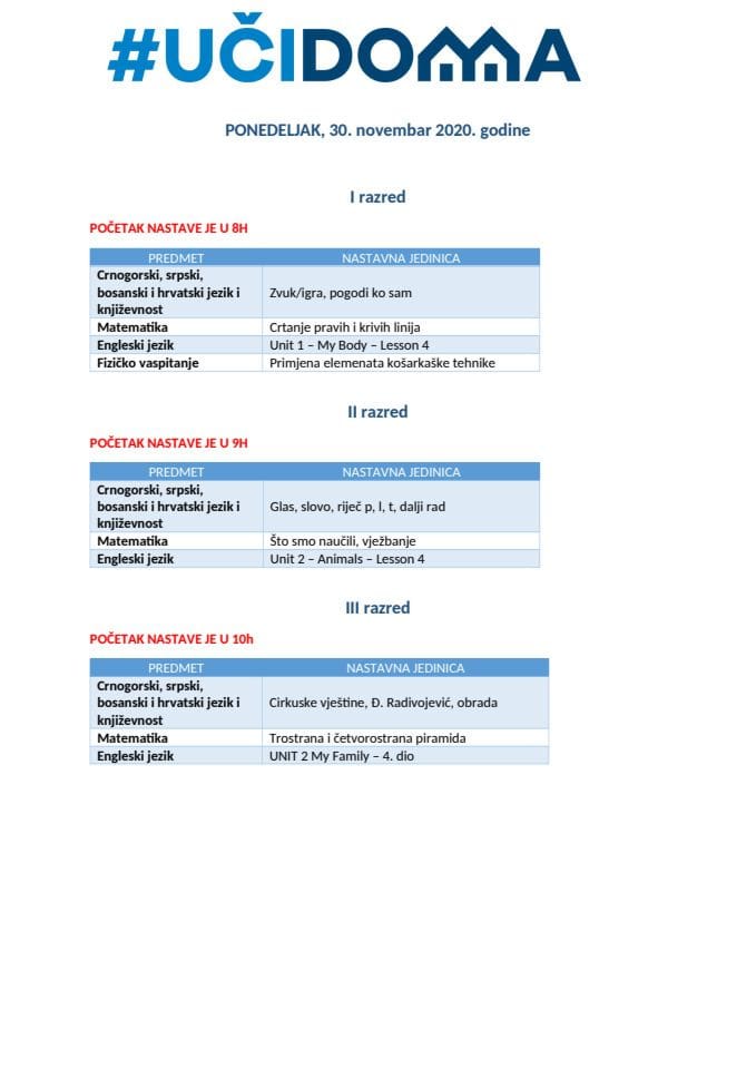 PONEDELJAK  - 30. novembar  2020. godine I do V OŠ