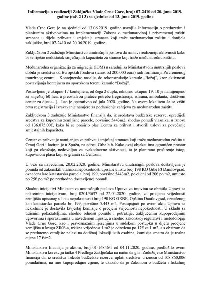 Информација о реализацији Закључка Владе Црне Горе, број: 07-2410, од 20. јуна 2019. године (тач. 2 и 3), са сједнице од 13. јуна 2019. године