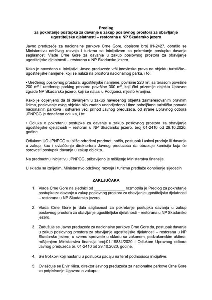 Predlog za pokretanje postupka za davanje u zakup poslovnog prostora za obavljanje ugostiteljske djelatnosti – restorana u NP Skadarsko jezero