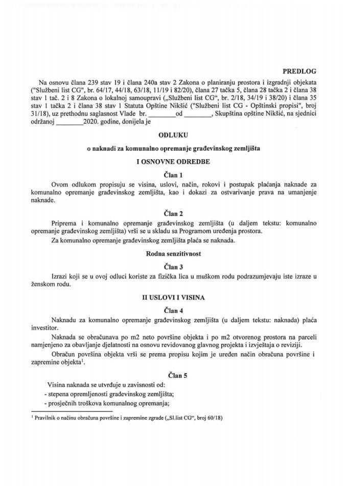 Predlog odluke o naknadi za komunalno opremanje građevinskog zemljišta Opštine Nikšić