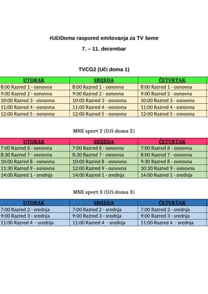 Integralni plan (raspored) emitovanja za 11. sedmicu 7. do 11.12.