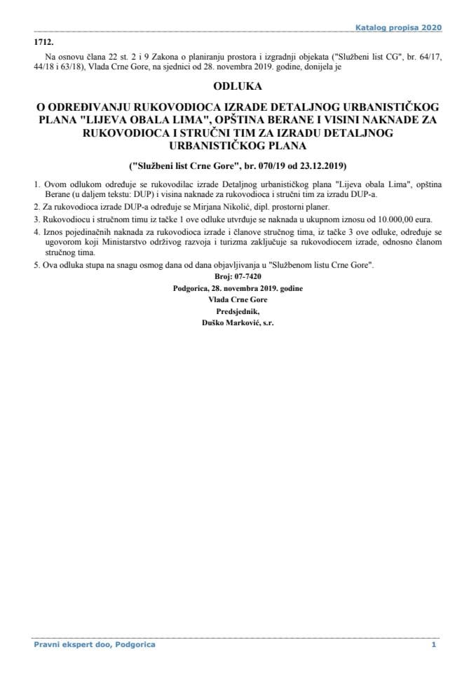Odluka o odredjivanju rukovodioca izrade DUP-a Lijeva obala Lima Opstina Berane i visini naknade za rukovodioca i strucni tim za izradu Detaljnog urbanistickog plana