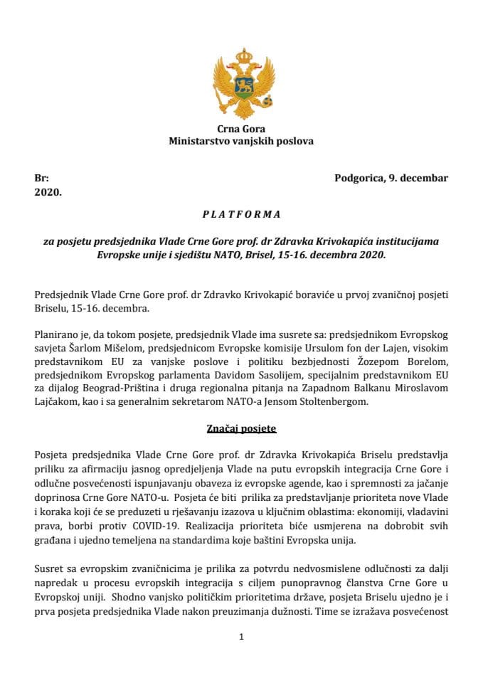 Predlog platforme za posjetu predsjednika Vlade Crne Gore prof. dr Zdravka Krivokapića institucijama Evropske unije i sjedištu NATO, Brisel, 15. i 16.decembra 2020. godine