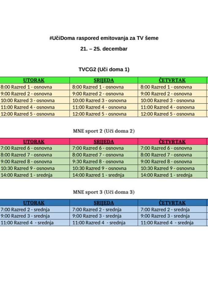 Integralni plan (raspored) emitovanja za 13. sedmicu 21. do 25.12.