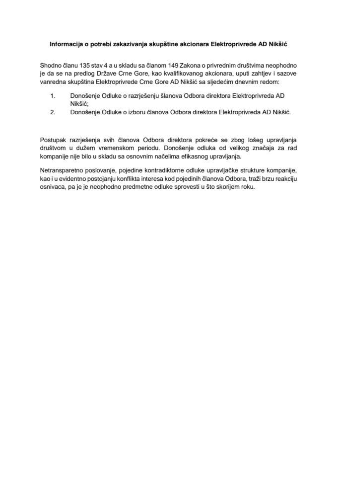 Informacija o potrebi zakazivanja skupštine akcionara Elektroprivrede Crne Gore AD Nikšić