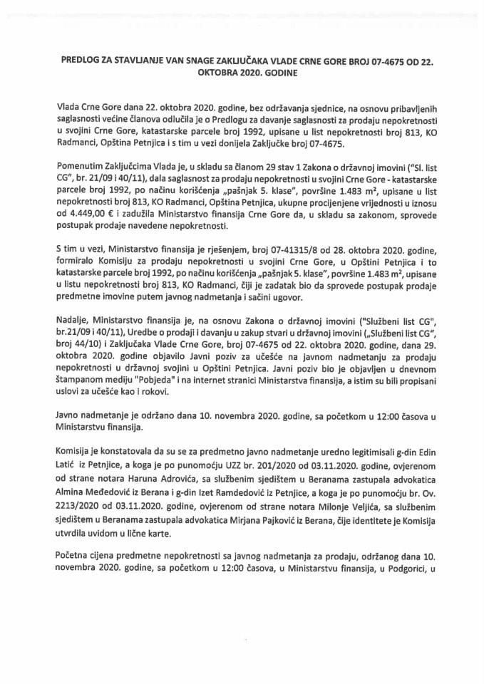 Предлог за стављање ван снаге Закључака Владе Црне Горе, број: 07-4675, од 22. октобра 2020. године