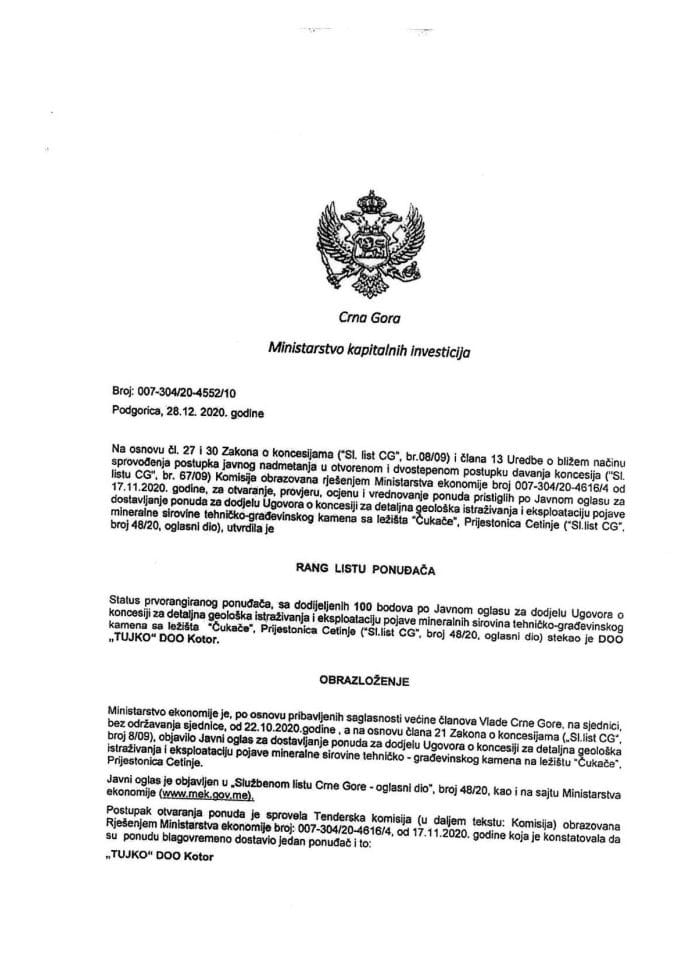 Rang lista ponuđača po Javnom oglasu za dodjelu Ugovora o koncesiji za detaljna geološka istraživanja i eksploataciju tehničko - građevinskog kamena, lokalitet “Čukače” Prijestonica Cetinje
