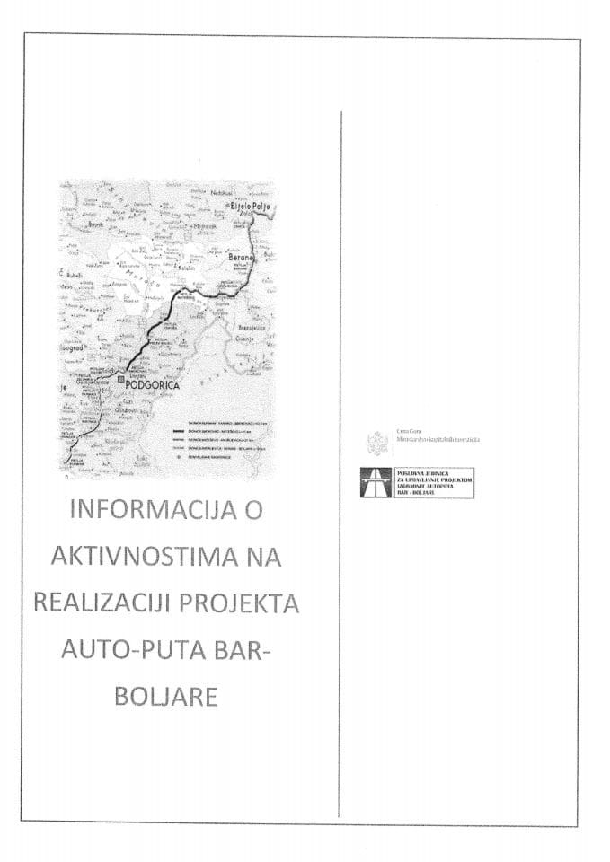 Информација о активностима на реализацији пројекта ауто-пута Бар-Бољаре