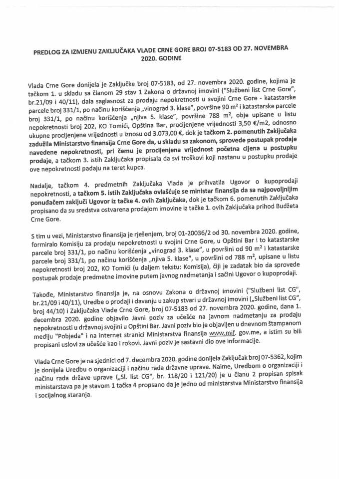 Предлог за измјену Закључака Владе Црне Горе, број: 07-5183, од 27. новембра 2020. године