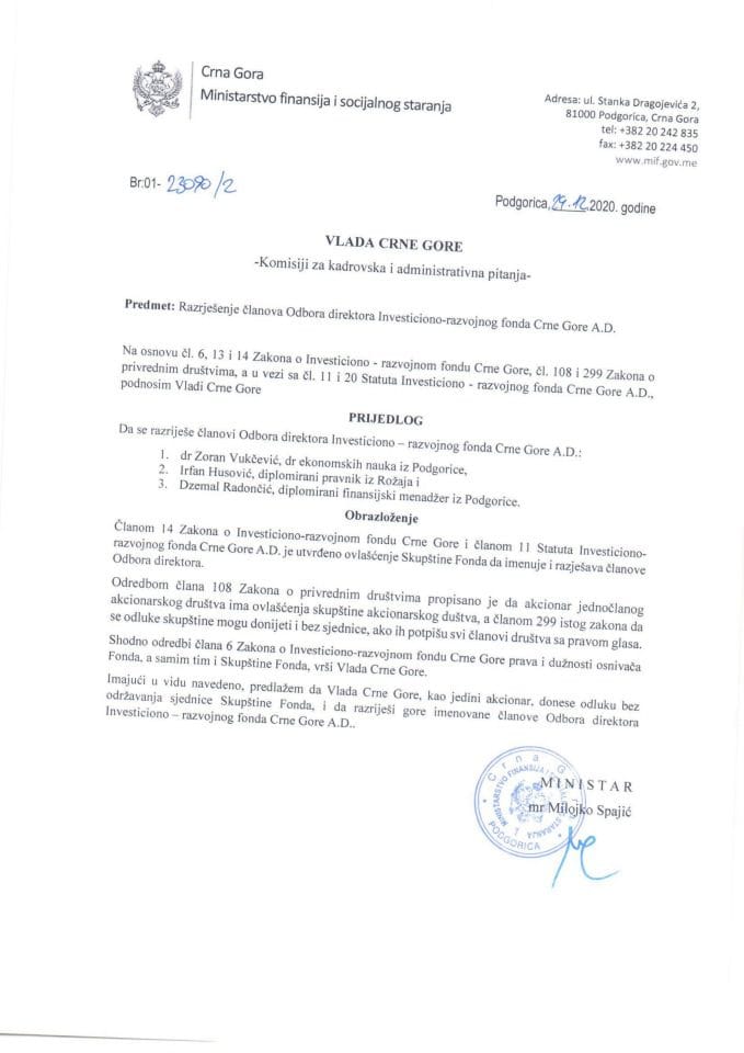 Predlog za razrješenje i imenovanje članova Odbora direktora Investiciono-razvojnog fonda Crne Gore A.D.