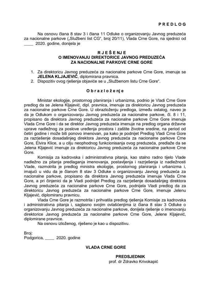 Предлог рјешења о именовању директорице Јавног предузећа за националне паркове Црне Горе