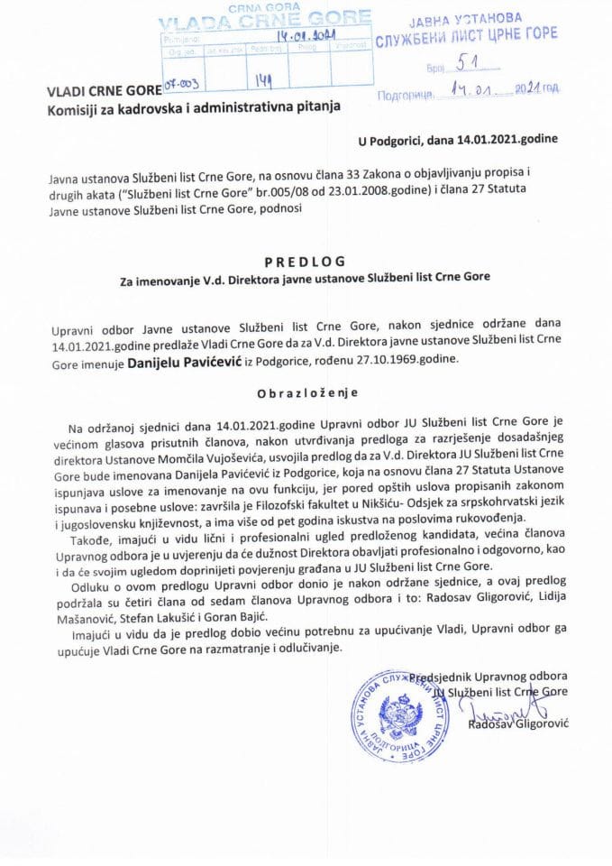 Predlog za imenovanje v.d. direktorice Javne ustanove Službeni list Crne Gore