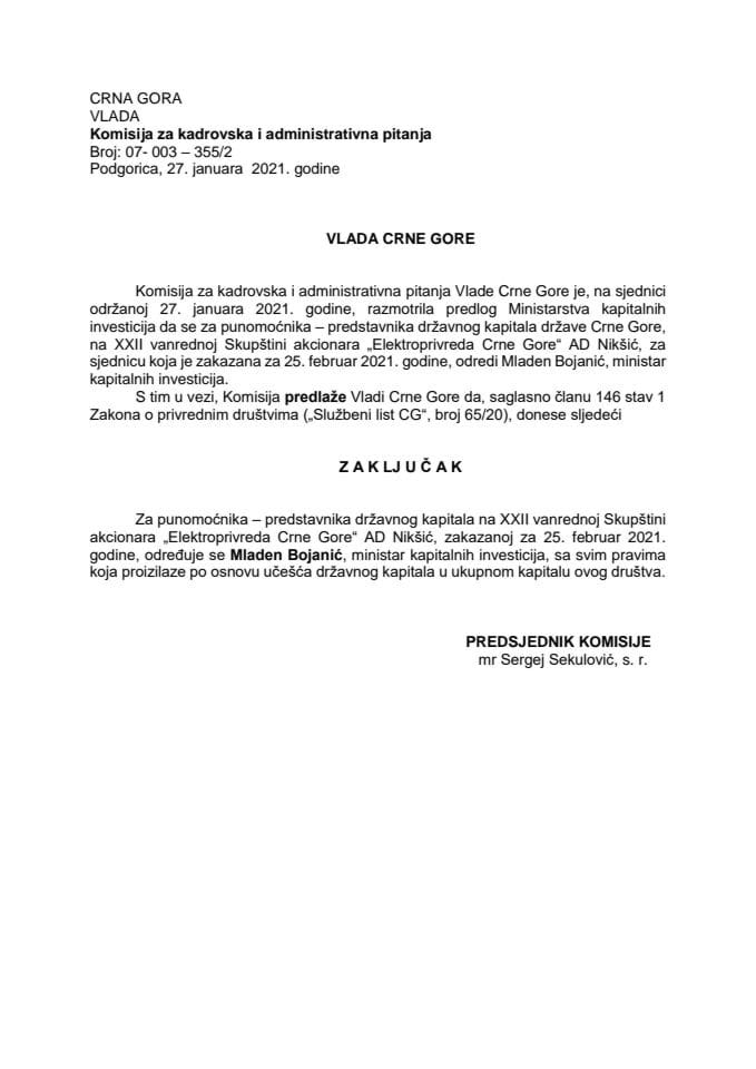 Predlog za određivanje punomoćnika – predstavnika državnog kapitala na XXII vanrednoj Skupštini akcionara „Elektroprivreda Crne Gore“ AD Nikšić