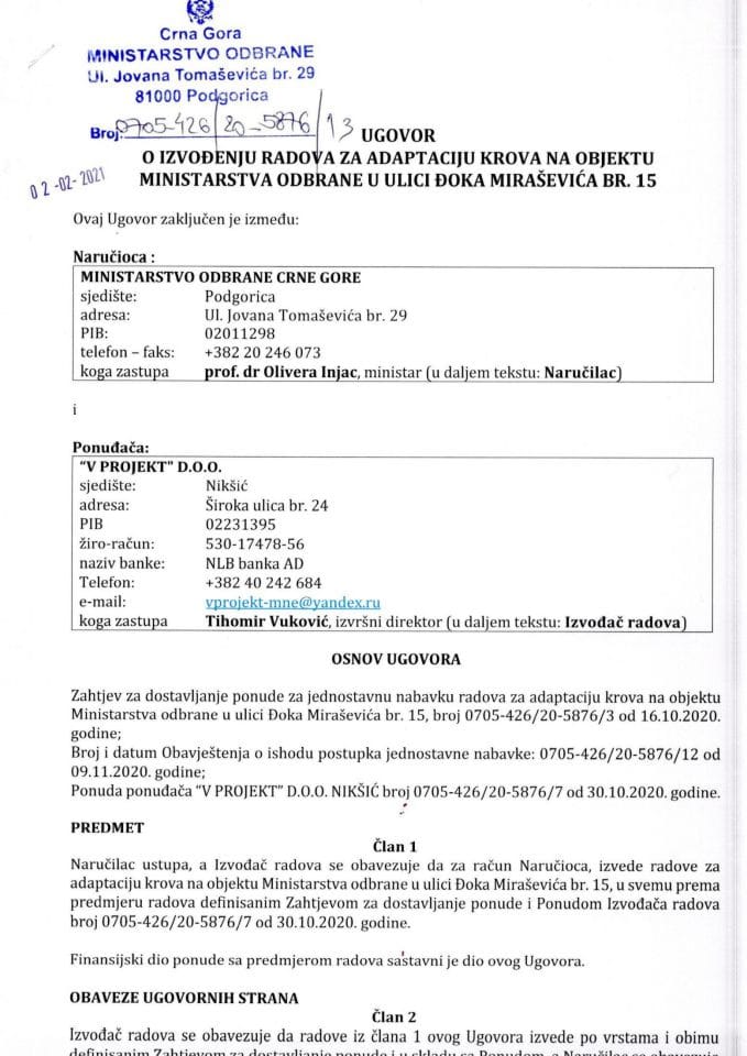 Ugovor o izvođenju radova za adaptaciju krova