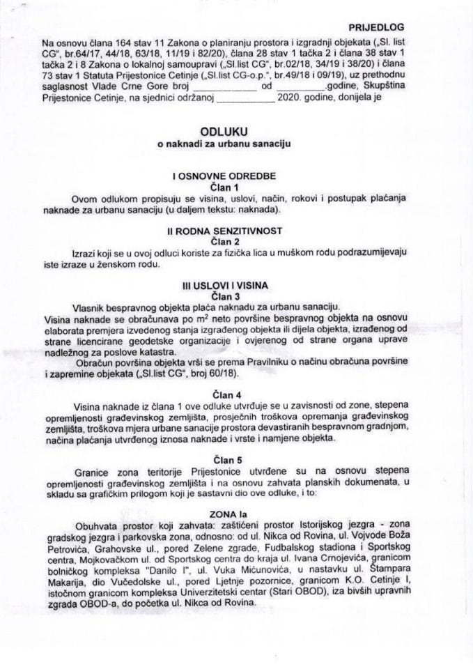 Predlog odluke o naknadi za urbanu sanaciju Prijestonice Cetinje	