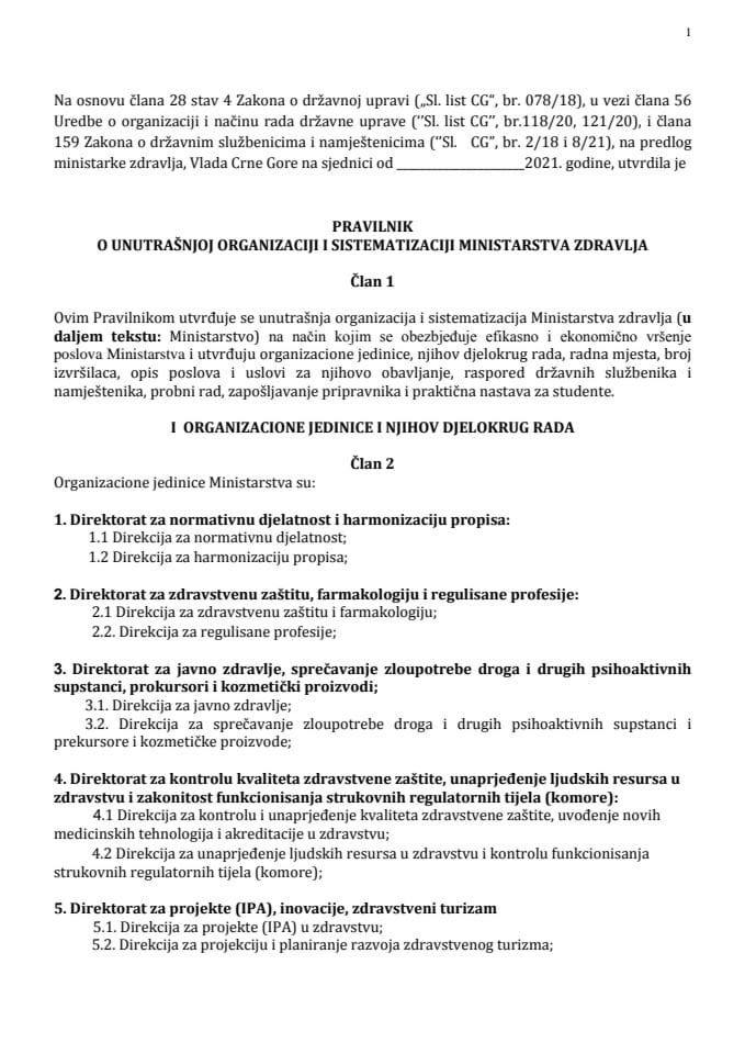 Predlog pravilnika o unutrašnjoj organizaciji i sistematizaciji Ministarstva zdravlja 	