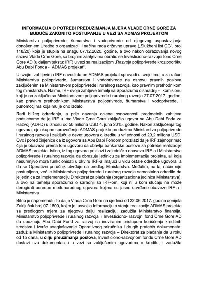 Информација о потреби предузимања мјера Владе Црне Горе за будуће законито поступање у вези са АДМАС пројектом 	