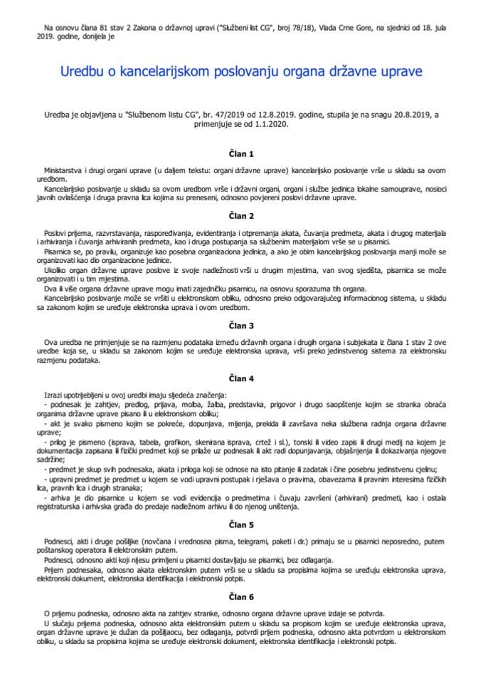 Uredba o kancelarijskom poslovanju organa