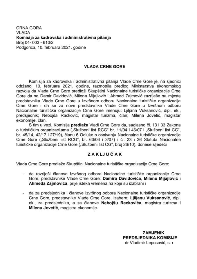 Predlog za razrješenje i imenovanje predstavnika Vlade Crne Gore u Izvršnom odboru Nacionalne turističke organizacije Crne Gore	