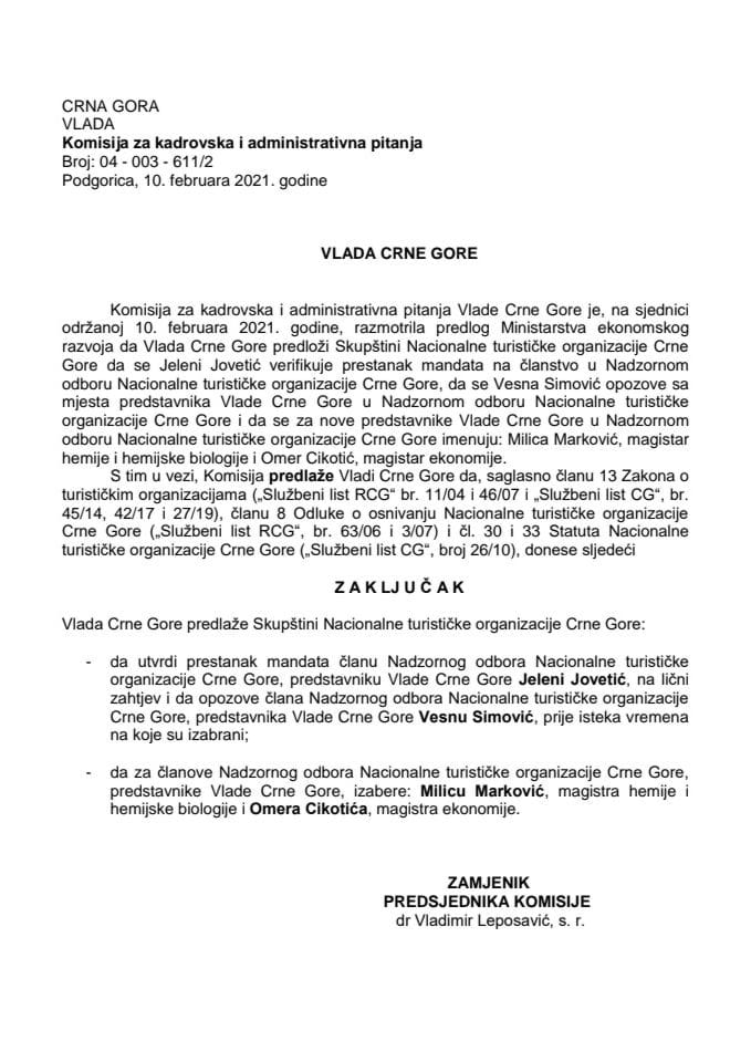 Predlog za opoziv i imenovanje predstavnika Vlade Crne Gore u Nadzornom odboru Nacionalne turističke organizacije Crne Gore	