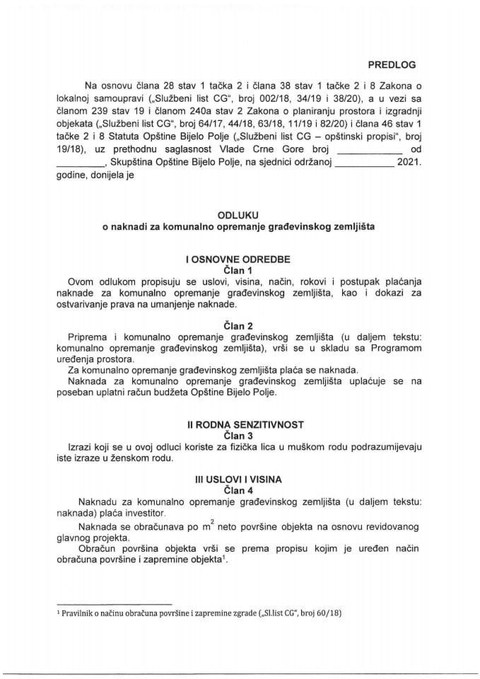 Predlog odluke o naknadi za komunalno opremanje građevinskog zemljišta Opštine Bijelo Polje