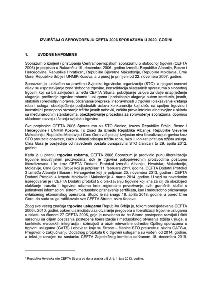 Извјештај о спровођењу ЦЕФТА 2006 Споразума у 2020. години