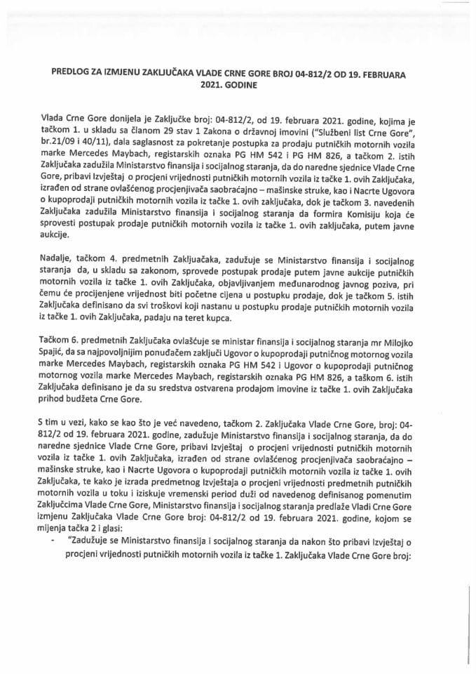 Predlog za izmjenu Zaključaka Vlade Crne Gore, broj: 04-812/2, od 19. februara 2021. godine 	