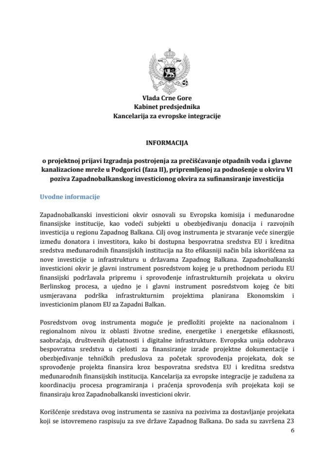 Informacija o projektnoj prijavi Izgradnja postrojenja za prečišćavanje otpadnih voda i glavne kanalizacione mreže u Podgorici (faza II), pripremljenoj za podnošenje u okviru VI poziva Zapadnobalkansk