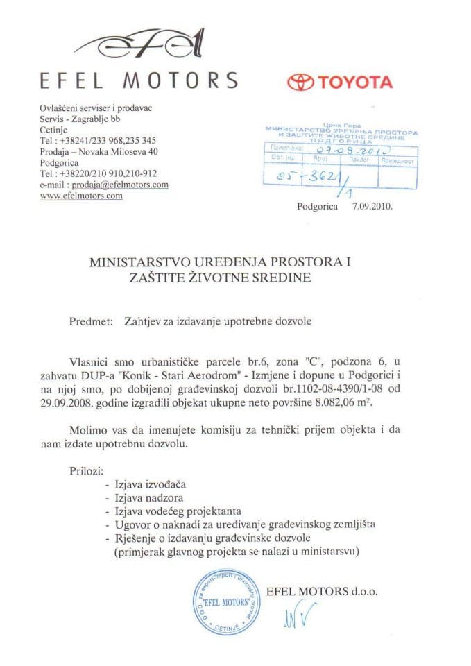 05-3621-1 EFEL MOTORS  zahtjev za upotrebnu dozvolu