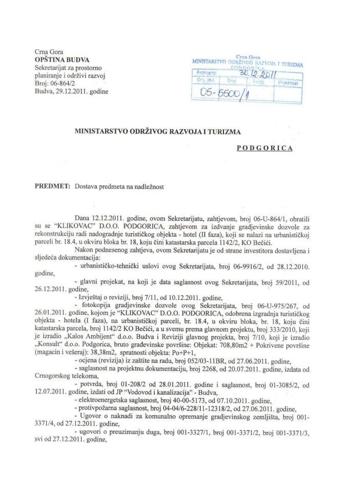05-5500-1  Klikovac doo Podgorica Zahtjev za izdavanje gradjevinske dozvole