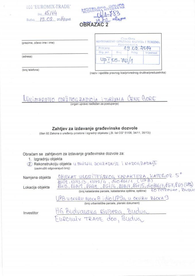 UPI 05-76-1 HG Budvanska rivijera i Euromix trade doo