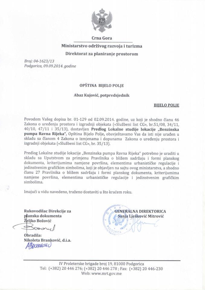 04_1623_13 Saglasnost na Predlog LSL Benzinska pumpa Ravna Rijeka Opstina Bijelo Polje