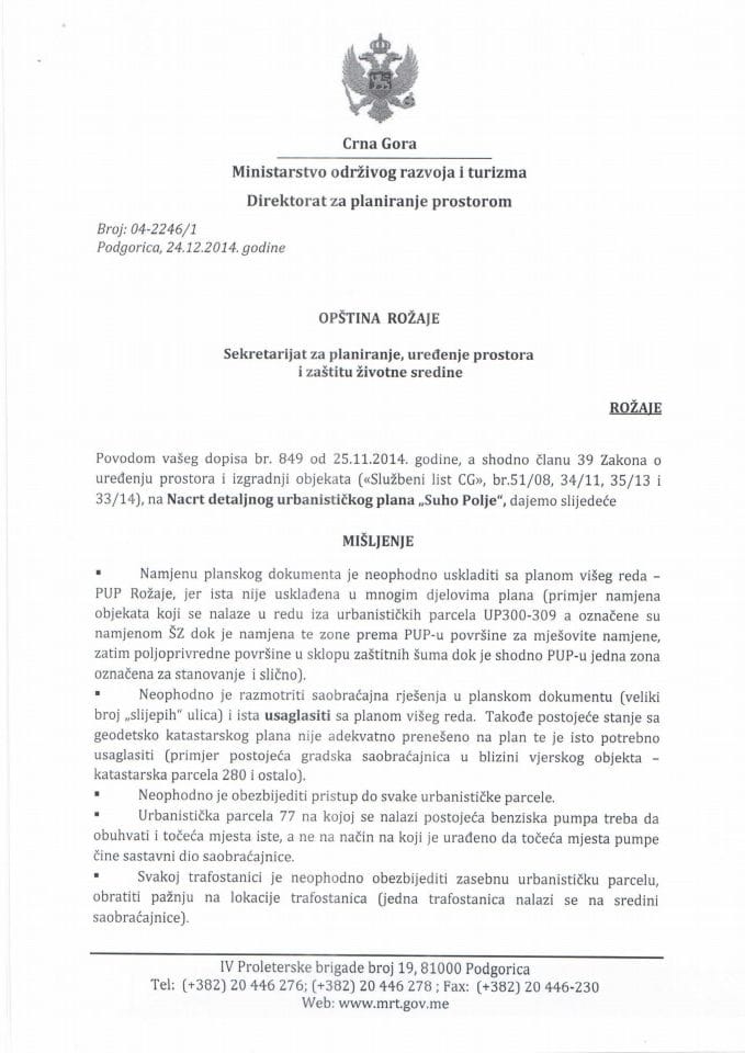 04_2246_1 Mišljenje na Nacrt DUP-a Suho Polje Opština Rožaje