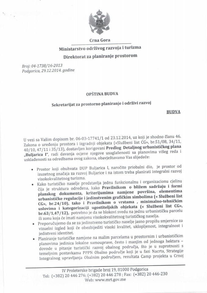 04_1738_16_2013 Сагласност на предлог ДУП-а Буљарица И Општина Будва