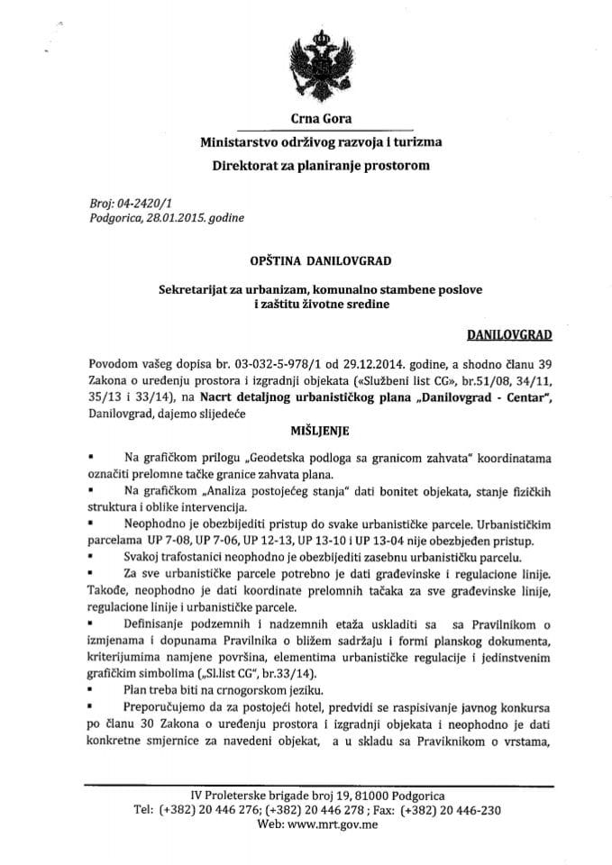 04_2420_1 Misljenje na Nacrt DUP-a Danilovgrad centar Opstina danilovgrad
