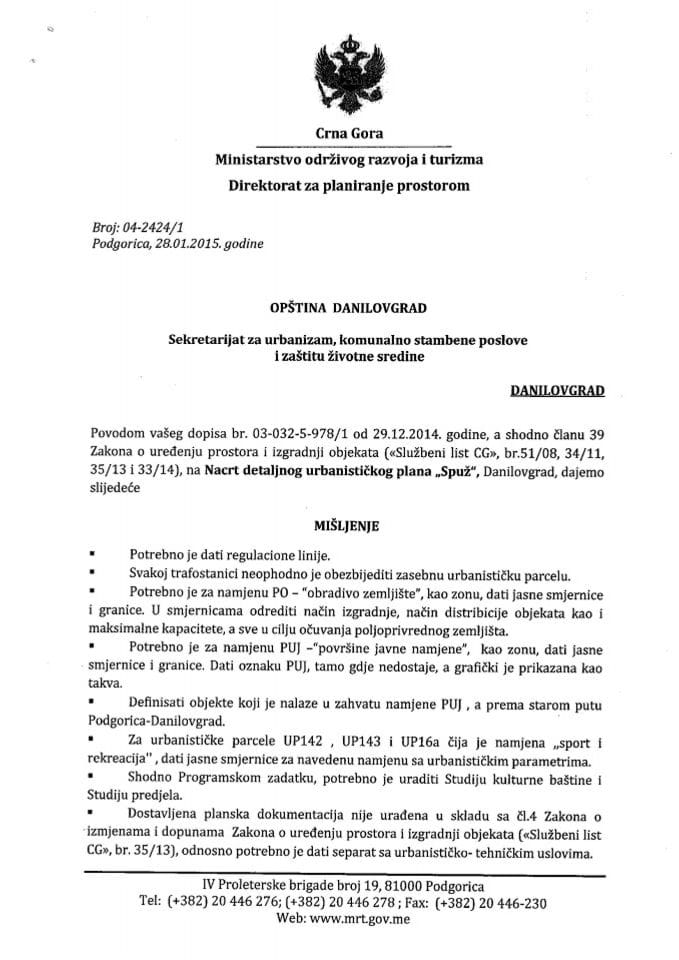 04_2424_1 Misljenje na Nacrt DUP-a Spuz Opstina Danilovgrad