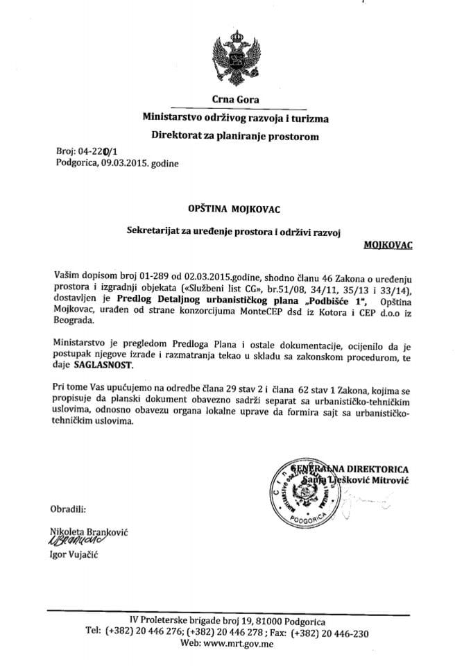 04_220_1 Saglasnost na Predlog DUP-a Podbisce 1 Opstina Mojkovac