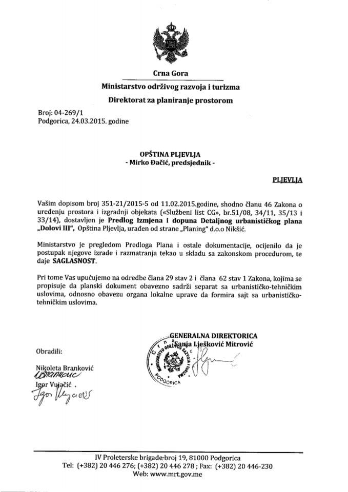 04_269_1 Saglasnost na Predlog IID DUP-a Dolovi III Opstina Pljevlja