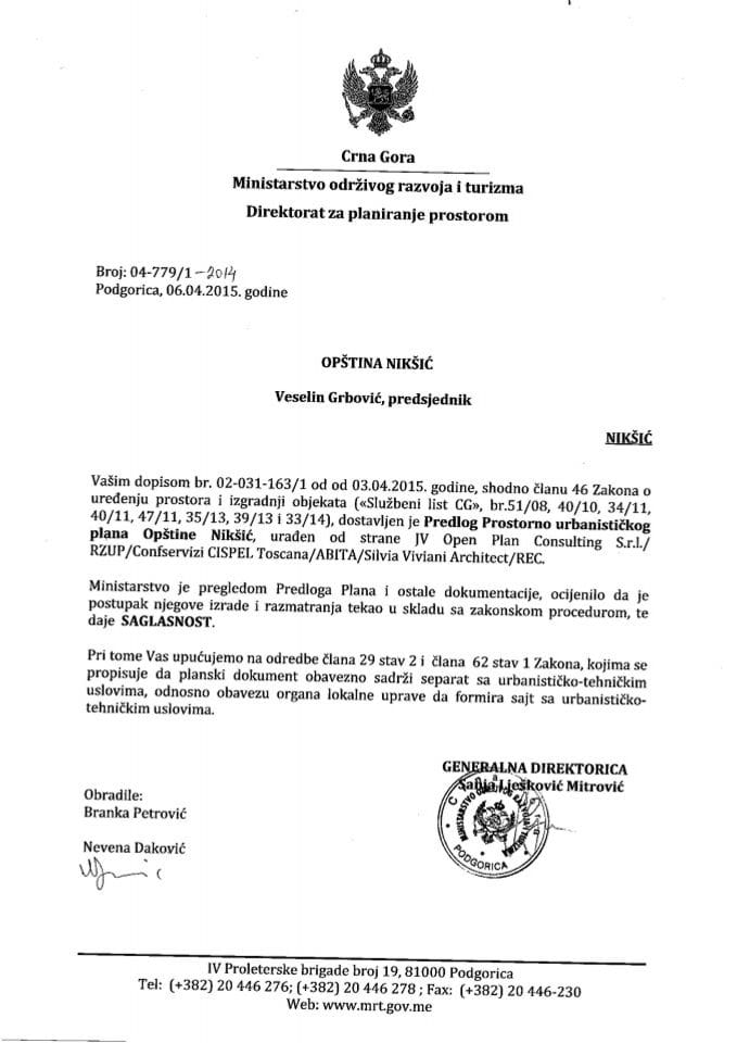 04_779_1_2014 Saglasnost na Predlog PUP-a Niksic Opstina Niksic